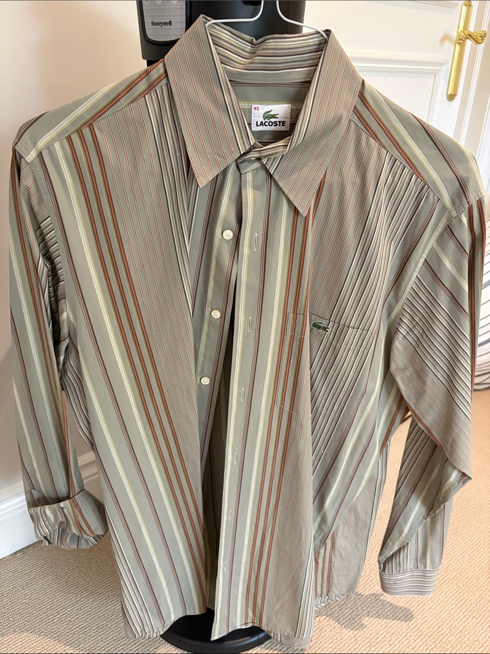 Lacoste Men's Olive and Tan Striped Long-Sleeve Dress Shirt